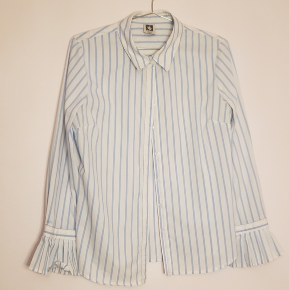 Anne Klein Tops - Blue and White Striped Button-Up Shirt With Pleated Cuffs 🤍